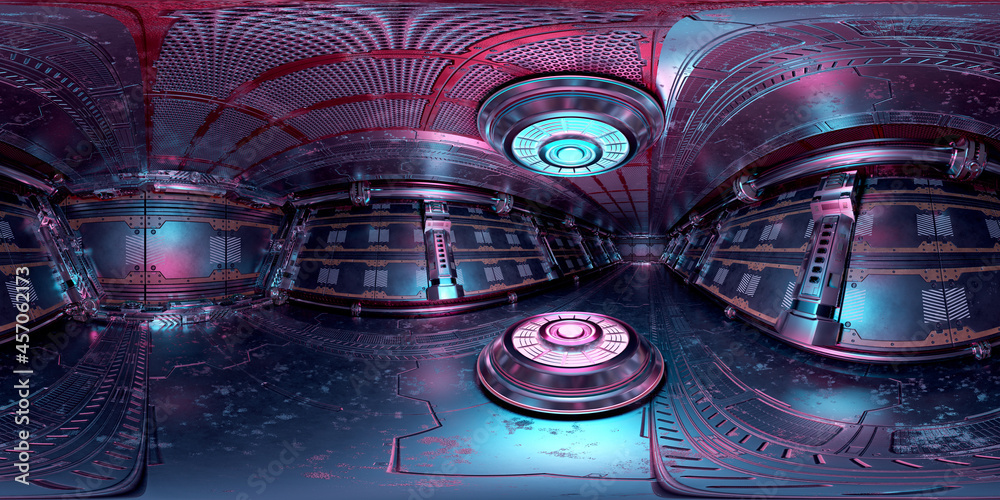 Poster HDRI panoramic view of dark blue pink spaceship interior. High resolution 360 degrees panorama reflection mapping of a futuristic spacecraft with projector 3D rendering