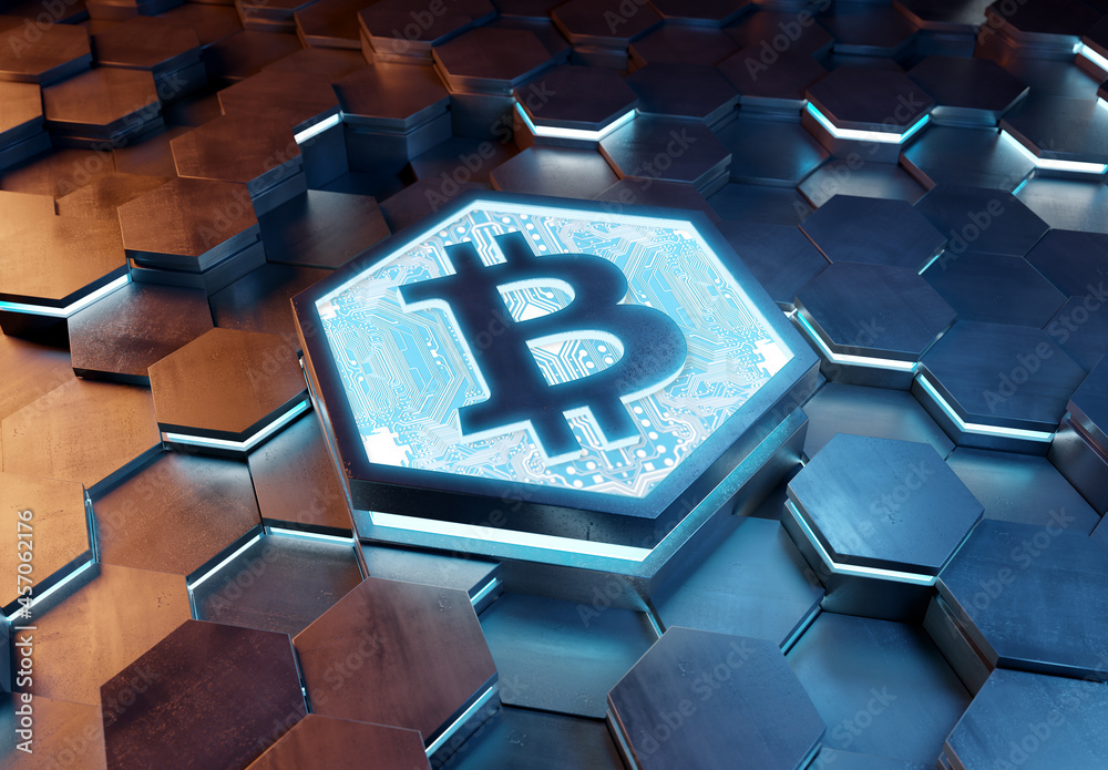 Poster Bitcoin icon creativity concept engraved on metal hexagonal pedestral background. Crypto currency symbol glowing on abstract digital surface. 3d rendering
