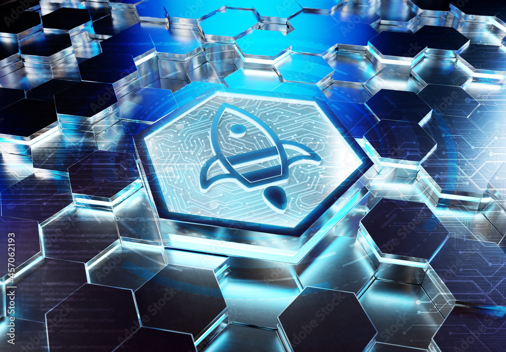 Aufkleber Spaceship icon innovation concept engraved on metal hexagonal pedestral background. Rocket startup logo glowing on abstract digital surface. 3d rendering