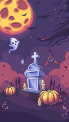Halloween Party cartoon vector background illustration with headstone