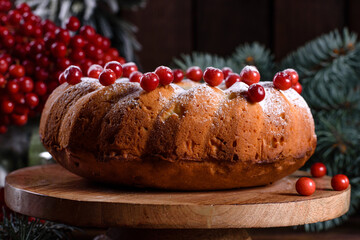 Traditional Christmas cranberry pie. Preparation of the festive table for the celebration of Christmas