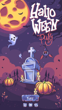 Halloween Party vector playing field with pumpkin, headstone, ghost, moon, candle, bat, tree