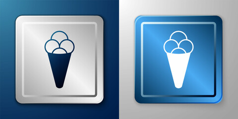 White Ice cream in waffle cone icon isolated on blue and grey background. Sweet symbol. Silver and blue square button. Vector