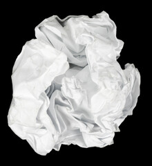 A piece crumpled white paper isolated black background. damaged office paper