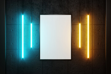 Advertising wall poster with neon mockup. 3D rendering.
