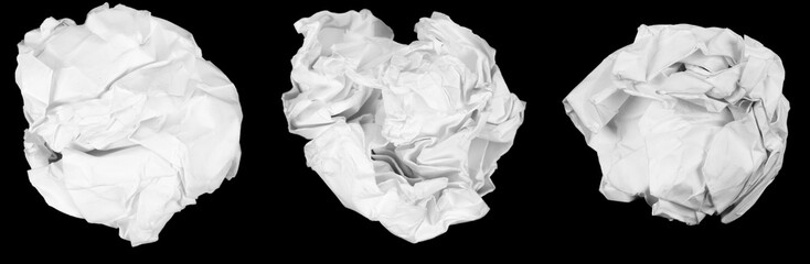 Obraz premium Collage crumpled white paper isolated black background. damaged office paper