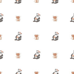Hand drawn cute animals. Seamless pattern. Panda, gift, cupcake with candle. White background. Vector.