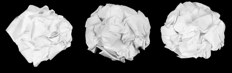 Collage crumpled white paper isolated black background. damaged office paper