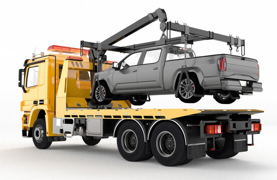 Tow truck with broken car on a white background