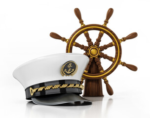 Ship wheel and captain hat isolated on white background. 3D illustration
