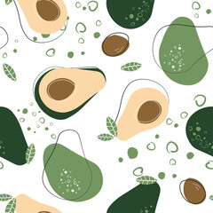 Contemporary abstract seamless pattern with avocado. Vegetarian, fruit ornament for kitchen, fabric, textiles. Healthy, eco-friendly food. Vector graphics.