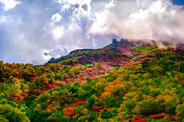 Autumn leaves in hokkaido sounkyo kurodake - obrazy, fototapety, plakaty