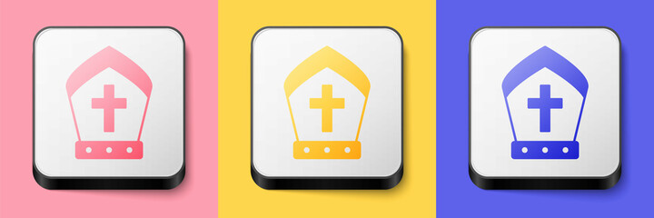 Obraz premium Isometric Pope hat icon isolated on pink, yellow and blue background. Christian hat sign. Square button. Vector
