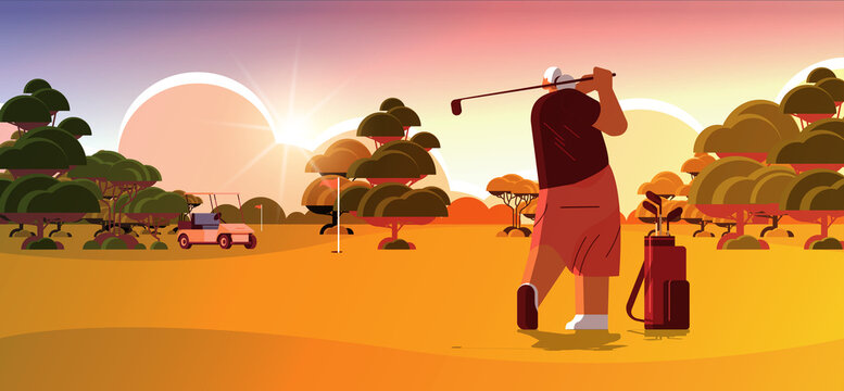 senior woman playing golf on sunny golf course aged player taking a shot active old age concept - Powered by Adobe