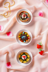 Martabak Mini or Martabak Mini Bangka with various Topping. The martabak mini bangka is made from a mixture of flour, eggs, sugar, baking soda, coconut milk and water.