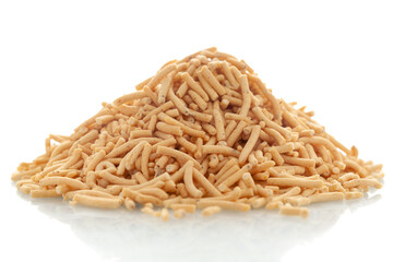 Close-up of Marwadi Bhujiya Indian namkeen (snacks),  Indian spicy snacks (Namkeen), in a pile or heap, isolated over white background