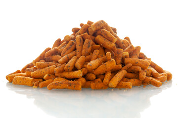 Close-Up of Spicy Chutney Sev, made with Chickpea flour and red chili and spices. Indian spicy snacks (Namkeen), Indian spicy snacks (Namkeen), in a pile or heap, isolated over white background