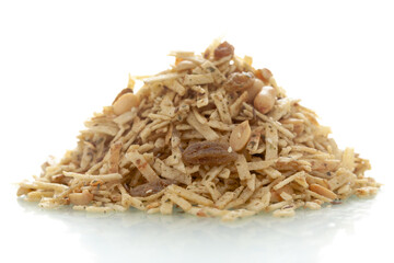 Close-Up of Aloo Mixture, made with potatoes sliced, raisins, peanuts, Indian spicy snacks (Namkeen), in a pile or heap, isolated over white background