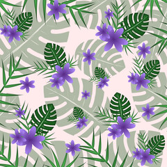 Seamless pattern design of tropical purple flowers with green monstera leaves