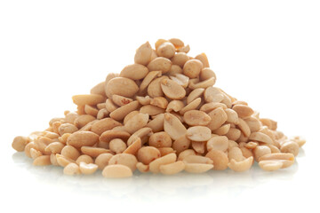 Close-up of crunchy roasted Peanuts Indian namkeen (snacks), Indian spicy snacks (Namkeen), in a pile or heap, isolated over white background