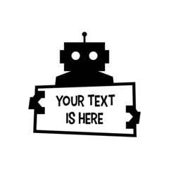 Obraz premium robot holding text sign paper cyborg automatic logo vector icon illustration
