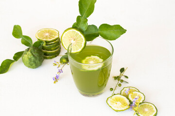 herbal drink kaffir in bottle for health care of lifestyle arrangement flat lay style on background white 