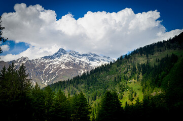 Landscape in the mountains. Alpine meadow in the mountains. Scenic view of Himalayas peaks and...