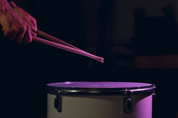 Close up drum sticks drumming hit beat rhythm on drum surface