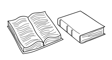 Books doodle. Open and Closed book. Black color sketch. Learning and education sketch signs. Line art style Vector illustration for World book day banner.