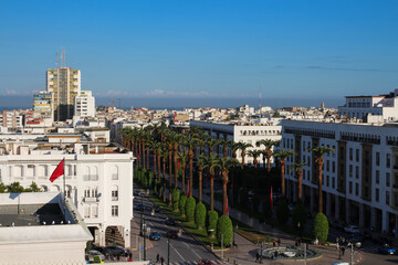 RABAT . MOROCCO. Top view of the Boulevard with beautiful palm trees and the houses of Rabat.