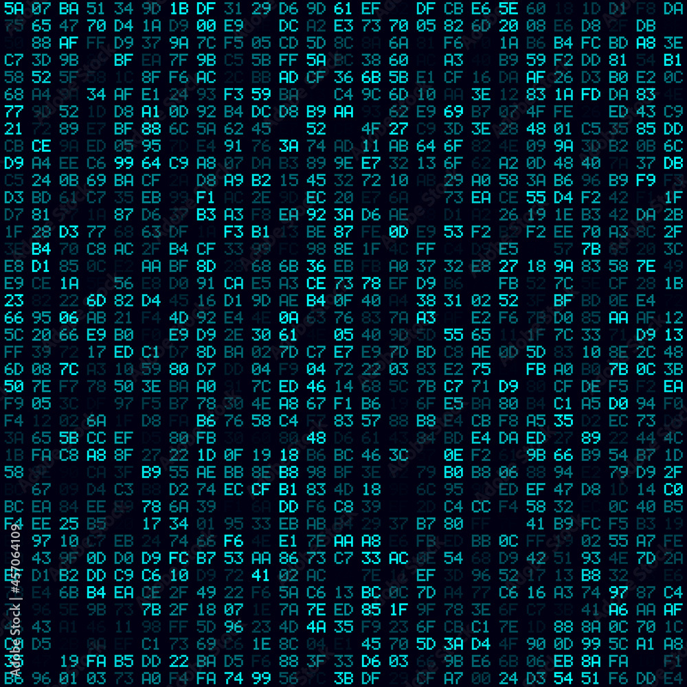 Poster tech background. cyan filled hexadecimal pairs background. medium sized seamless pattern. cool vecto