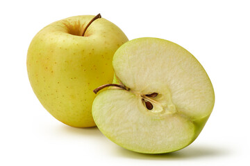  The fresh Golden Delicious apples are isolated on a white background.