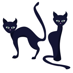 Black witch cats isolated on white background. Vector illustration. Cartoon sitting cat and curved cat.