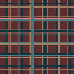 Vector checkered seamless pattern. Suitable for vintage fabric, textile, brown paper, cover. Retro style. Beige, emerald, blue and coral stripes isolated on brown background.