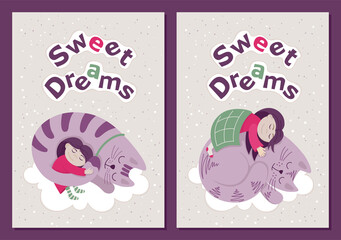 Girl sleeping with a cat. Vector illustration. Sweet dreams. Stay at home with your cat