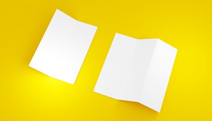 Blank brochure. Mockup of flyer or brochure on yellow background. 3D illustration.