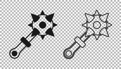 Black Medieval chained mace ball icon isolated on transparent background. Morgenstern medieval weapon or mace with spikes. Vector