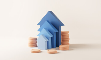 Blue up arrow and coin stacks on pastel background. Financial success and growth concept. copy space, 3d rendering - obrazy, fototapety, plakaty
