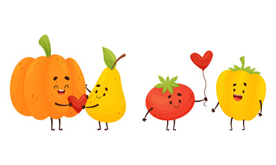 Cute Fruit and Vegetable Couples Holding Heart and Giving Balloon Vector Set
