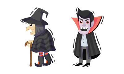 Old Witch with Cane and Dracula in Cape as Halloween Symbol Vector Set