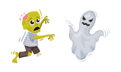 Green Zombie and Flying Ghost as Halloween Symbol Vector Set