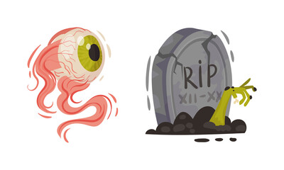 Tomb with Zombie Hand and Eye as Halloween Symbol Vector Set