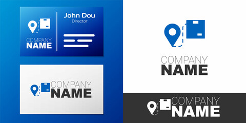 Logotype Location with cardboard box icon isolated on white background. Delivery services, logistic and transportation, distribution. Logo design template element. Vector