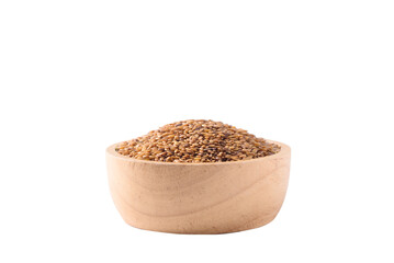 Brown flax seed in a wooden bowl isolated on white background