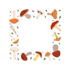 Frame with amanita forest mushrooms and copy space for text. Flat hand drawn design. Collection of different mushrooms with roots, real edible and poisonous boletus