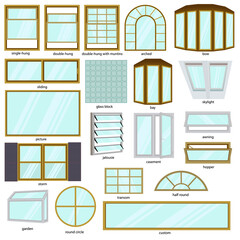 Different windows types. Architecture window set. Illustration isolated on white background.