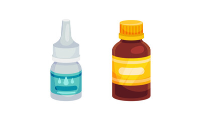 Nasal Drops and Vial with Tablet or Pill as Pharmaceutical Medication Vector Set