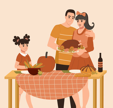 Thanksgiving family at the holiday table. Flat vector illustration mother father and baby having dinner