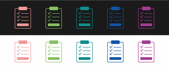 Set Clipboard with checklist icon isolated on black and white background. Control list symbol. Survey poll or questionnaire feedback form. Vector