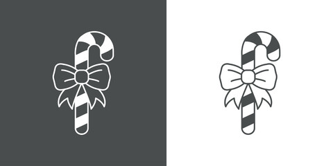 Logotipo candy cane de navidad. Icono plano silueta de bastón de caramelo con lazo de regalo con lineas en fondo gris y fondo blanco